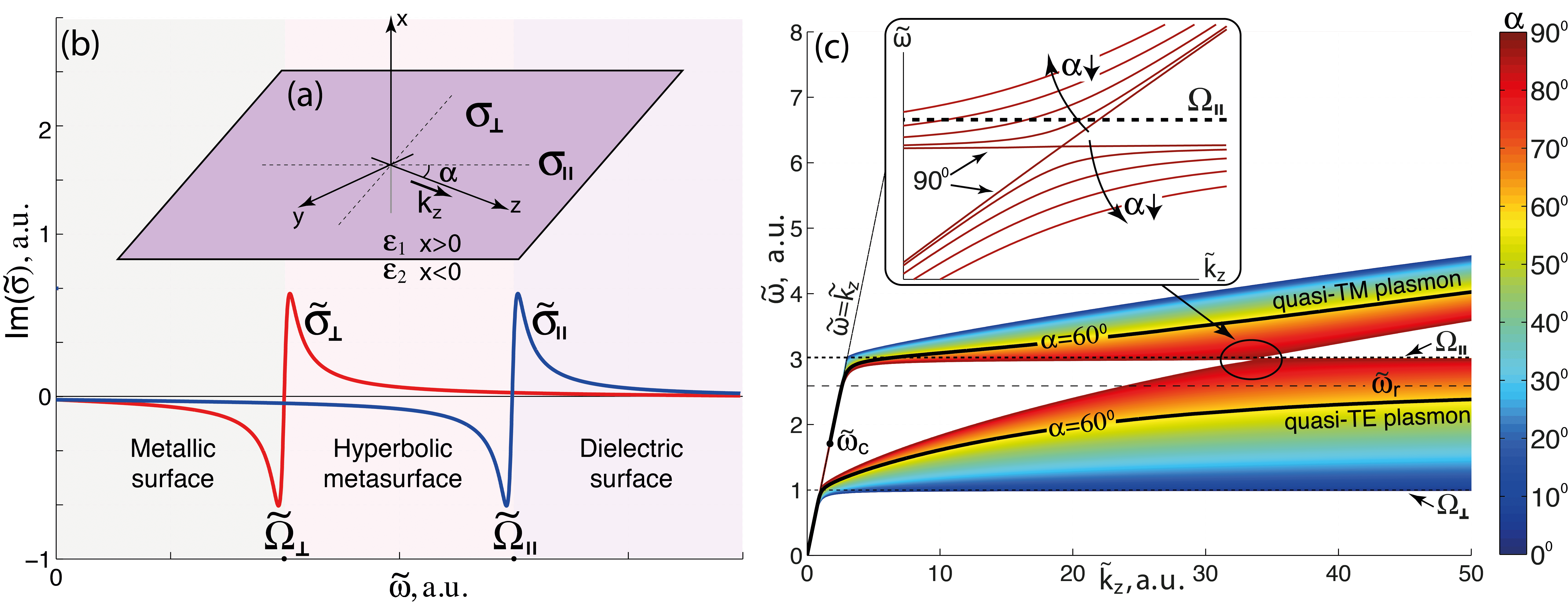 Fig.1 (a) Hyperbolic metasurface separating two dielectric medium. Conductivities σ|| and σ⊥ correspond to the principle axes of the conductivity tensor. (b) Conductivities  σ|| and σ⊥ have Drude-Lorenstz dispersion with resonance frequencies Ω|| and Ω⊥.  α is the angle between wavevector kz and principle axis of the conductivity tensor corresponding to σ||.  (c) Dispersion of surface waves depending on propagation angle α.